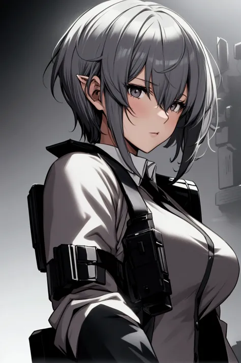 Anime girl,pixie cut gray hair,wearing a white long sleeve and gray vest with a black tie, with shoulder holster