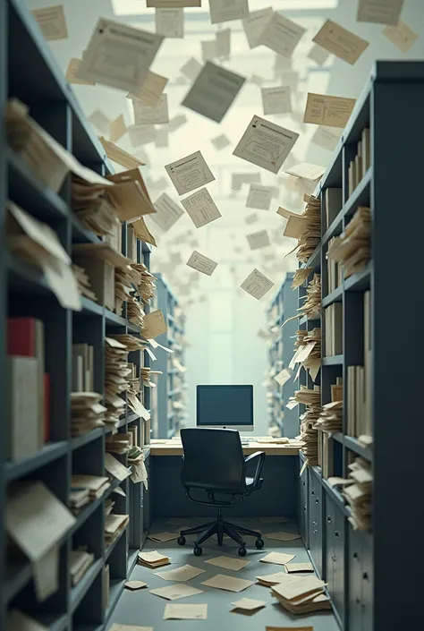 ons of paper flying from the cabinets into computer