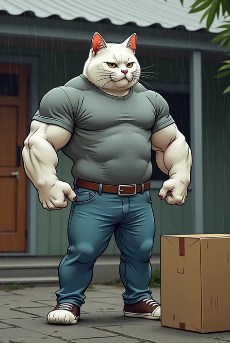 A muscular, white cat with a serious expression, wearing light wash blue jeans, a gray t-shirt, and a brown belt, stands on a wet, paved outdoor patio, in front of a house with a corrugated metal roof and wooden front door, during a light rain, holding its...