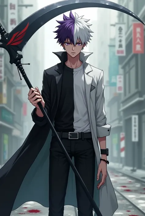 A very tall teenage boy with short spiky half white half violet hair and piercing half white half violet eyes, thin fit male build, wearing in a half white half black coat with half black half white t-shirt and half white half black loose pants with half w...