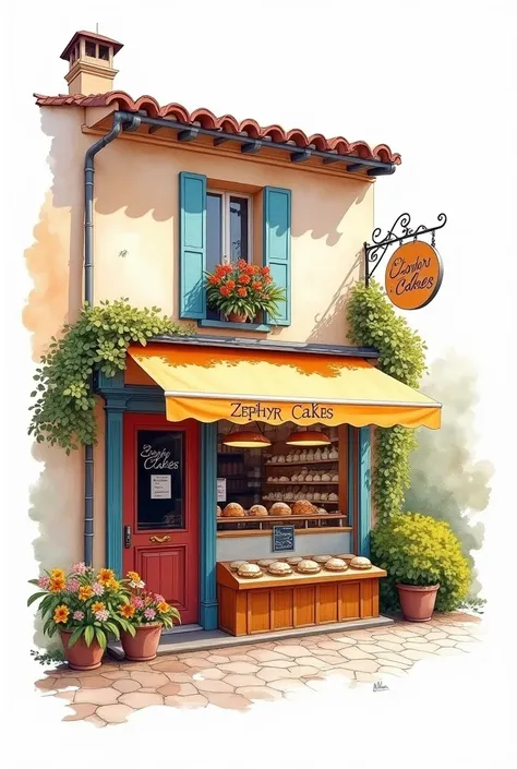 provence france bakery illustration watercolor sketch zephyr cakes white background with margins sketch Vincent van Gogh style