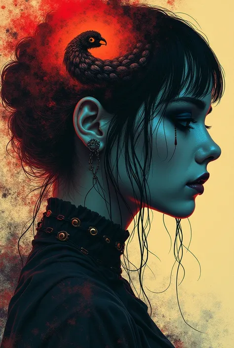 The image there split paper Color red yellow blue Image mode escapism in motion color, close up Gothic girl in steampunk attire, stormy chaos of acid punk hues and sinister shadows. Behind her, an artistic silhouette of millions of skulls, twisting and cur...