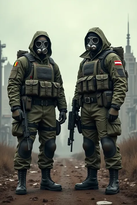 Crée moi une image où il y a 2 soldats modernes  avec leurs armes et accessoires ainsi que leurs masques à gaz . L’un porte les armoiries de la Belgique l’autre de la Pologne . On les voit de face et ont dans le dos une ville et une nature post apocalyptiq...