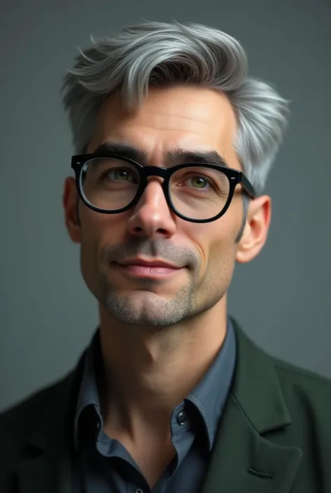 Male 26 years old, gray hair, green eyes. Gray background. Glasses