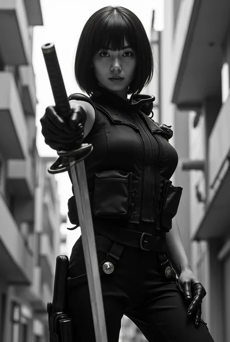 (masterpiece,Distinguished Quality,Mirror-like,Cinematic Experience,insanely detailed,absurdres),8k,wallpaper,,(Best illustrations:2.0),(One Woman:2.0),(Motoko Kusanagi:2.0),(Ghost in the Shell-style worldview:2.0),(Black tactical bodysuit:2.0),(Heavy blac...