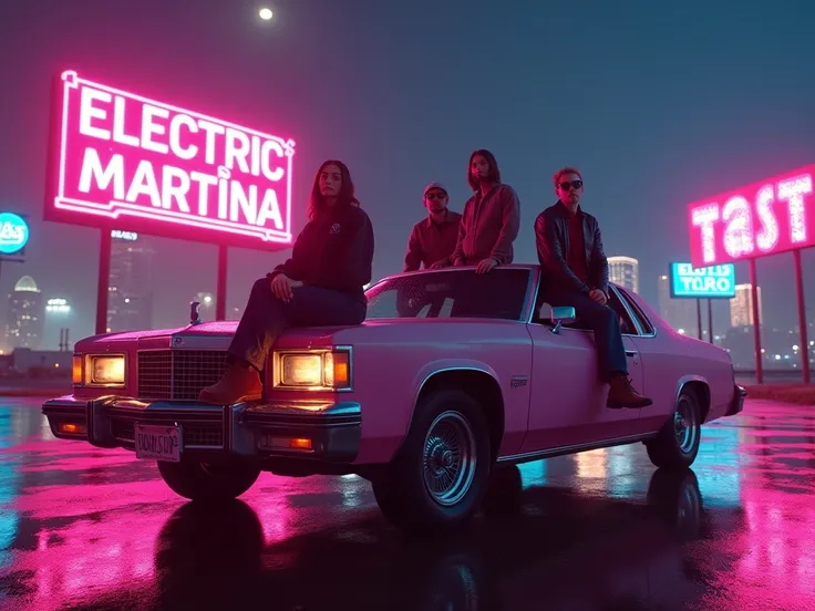 a group of people sitting on top of a car with neon signs, digital art. @mariomaniacdude, electric martina, official music video, made with photoshop, mia khalifa, by Mark Arian, inspired by Marie Angel, album art, 🕹️ 😎 🔫 🤖 🚬, by Nicholas Marsicano, maxima...