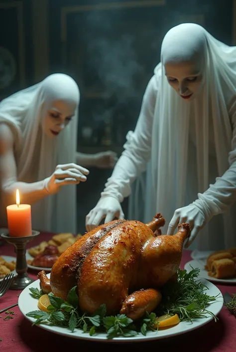 Spirits eat a dead chicken stuffed with stuffing