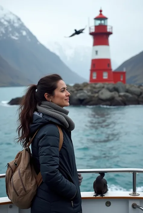 "Ultra-realistic image of a woman with long, dark hair styled casually, embodying the essence of a travel blogger, standing on the deck of a boat navigating near the iconic Les Éclaireurs Lighthouse in the Beagle Channel, Tierra del Fuego. She is dressed w...