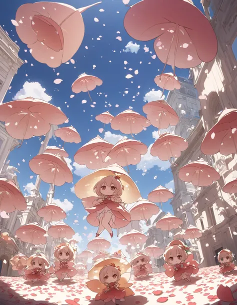  dressed as a petal,Falling from the sky, view from below,,,,,,,,,,,,,,,,,,,,,,,,,intense wide shot, chibi,6+girls