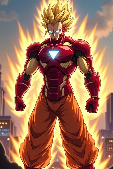 Heres a prompt for a fusion of Iron Man and Goku:

Prompt: "A powerful fusion character combining the high-tech armor of Iron Man with the martial arts prowess and Saiyan powers of Goku. The character wears a sleek, advanced armor that incorporates the cla...