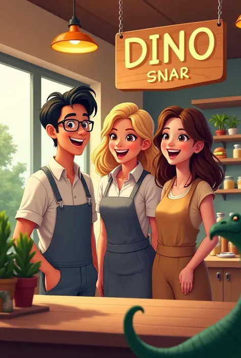  Its Saël a man with black hair and glasses, Clara a blonde half brunette , et Camille une brune  sont heureux car leur entreprise marche bien le nom de lentreprise est le "Dino-Snack-Bar"