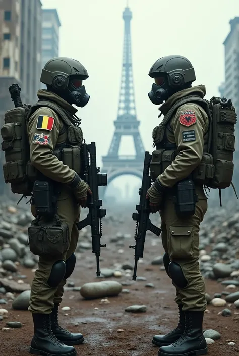 Crée moi une image où il y a 2 soldats techniques modernes  avec leurs armes et accessoires ainsi que leurs masques à gaz . L’un porte le lion belge et le drapeau de la Belgique l’autre l’aigle de la Pologne et le drapeau de la Pologne . On les voit de fac...