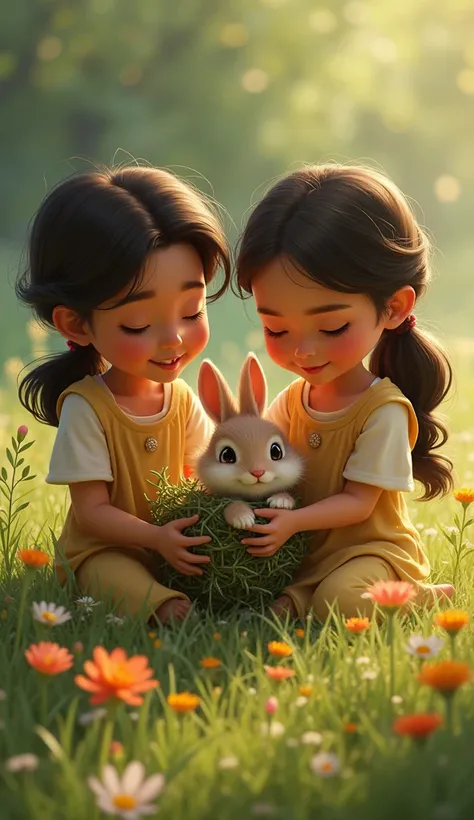 "A small rabbit trapped in a thorny bush, with Ayan carefully freeing it while Malaika gently holds it, surrounded by soft grass and wildflowers."
