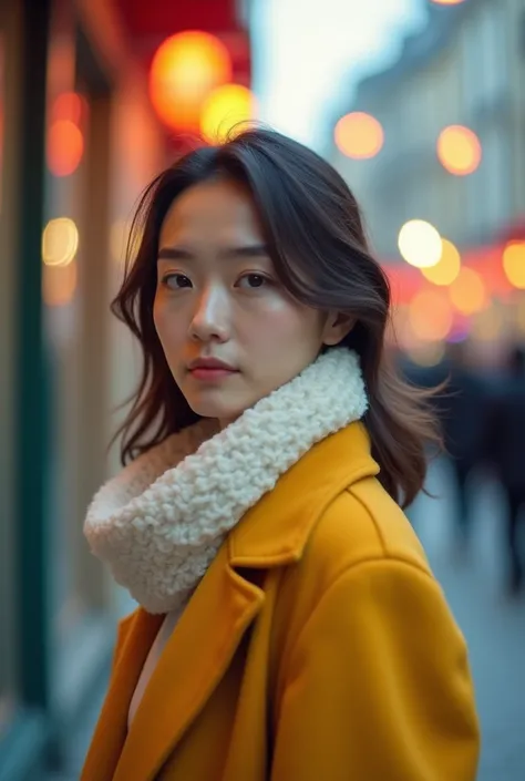 woman in yellow coat and white scarf standing on sidewalk with street lights, with yellow cloths, bokeh in the background only, shot on nikon z9, shot on canon eos r5, shot on canon eos r 5, captured on canon eos r 6, color portrait, portrait shot, portrai...