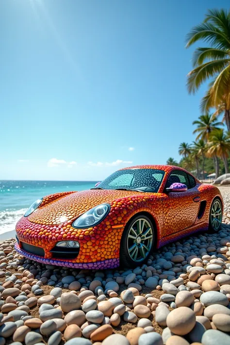 This is a car sculpture composed entirely of colorful, smooth pebbles and stones, standing on a pebble-covered beach with the ocean and palm trees in the background under a clear, sunny sky.