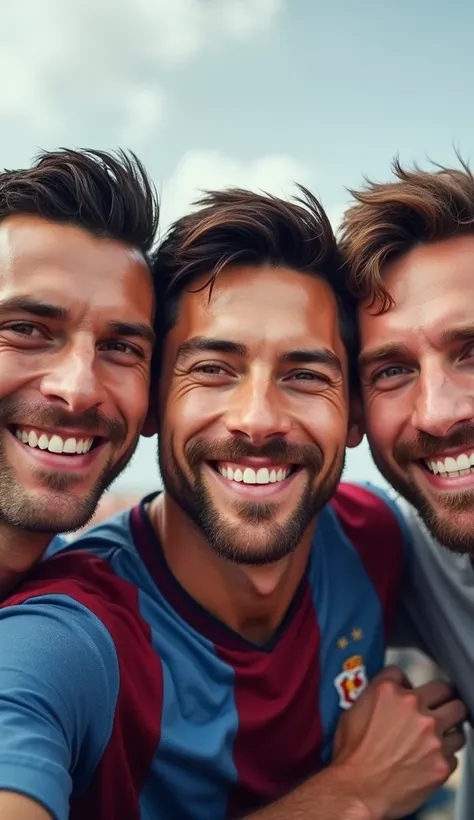 group selfie with Ronaldo, Messi, and MrBeast, all smiling happily.