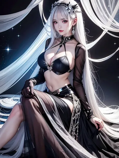 16K Ultra HD, masterpiece,  broken portrait effect ,  1 girl, Good face,  Very Long Hair , Spreading hair,  hair ornament ,   Real Eyes ,  detail eyes, (Amazing big boobs), transparent fairy dress ,  black dress, race,  wearing lots of silver jewelry, neck...