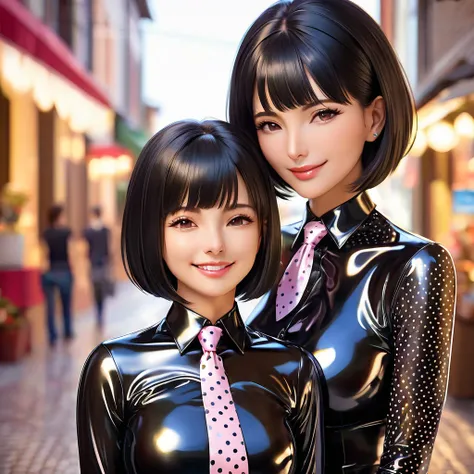  Mom and daughter ,  masterpiece,  black hair, Lens reflection, Reflected light, Buttoned into extremely tight shiny latex blouse with polka dot pattern,Necktie,  high resolution , portrait, bob cut, Are in town, smile, 