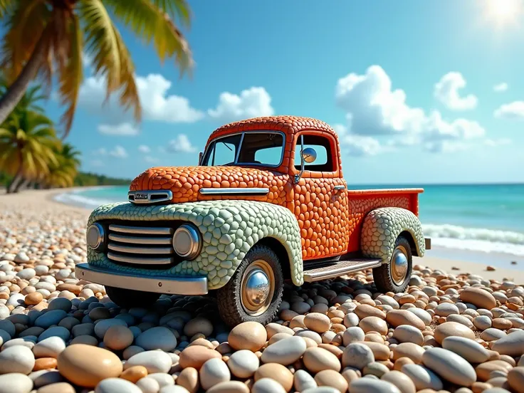 This is a truck sculpture composed entirely of colorful, smooth pebbles and stones, standing on a pebble-covered beach with the ocean and palm trees in the background under a clear, sunny sky.