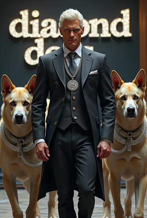 White male with short blond hair and wearing a silver chain "98" onhis medallion. Walking two big dogs with diamond collars. "DIAMOND DOGS" in diamond font in background 