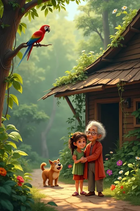 Show Zoey, her grandmother, and their wooden house.
The background of the jungle where they live.
The parrot’s arrival and its conversation with Zoey and her grandmother.
Introduction of Zoey’s playful dog, Bruno.