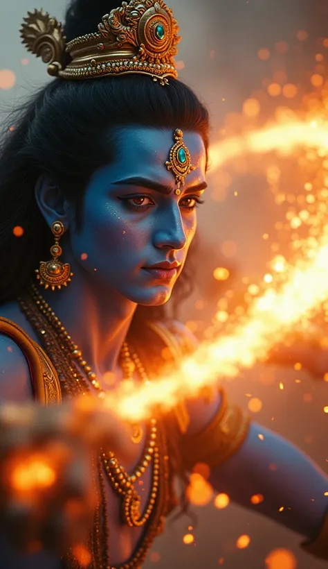 Create a close-up cinematic shot of Lord Vishnu wielding his Sudarshana Chakra to destroy countless asuras. The focus is on Vishnu’s intense expression, with his radiant blue skin glowing against the chaos of battle. The Sudarshana Chakra is in motion, spi...