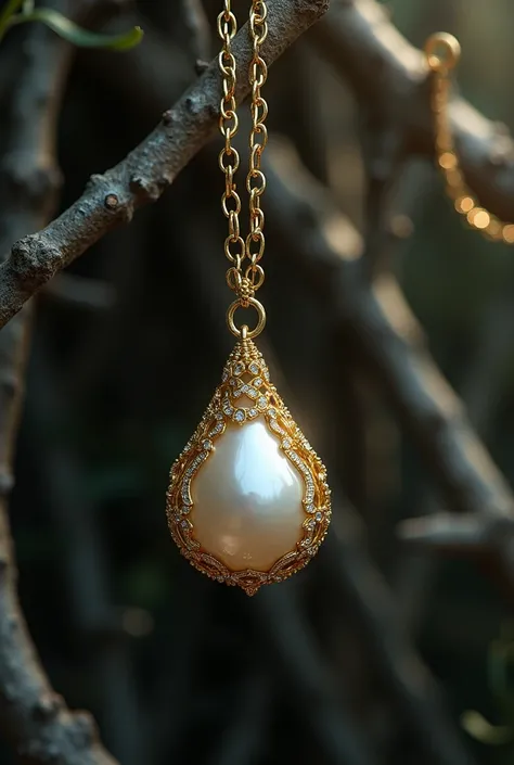 fine gold chain with a pearl at the end that is trapped by branches