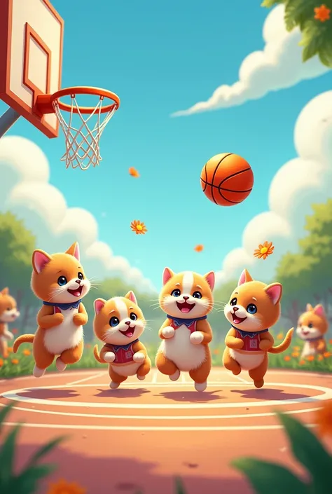 kittens play basketball against puppies 
