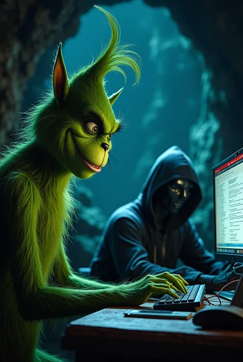 The grinch has a hacker in his cave hacking a WordPress Website