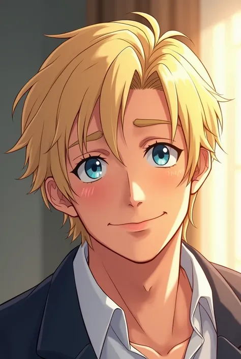 He is an older man, Blue-eyed blonde , ANIME VERSION but attractive he is like a family man