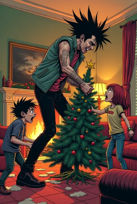 Affiche de concert 
Sapin de Noël attaqué par un punk  dans un salon à côté dune belle cheminée et deux enfants garçon et fille qui pleure en voyant ça 
