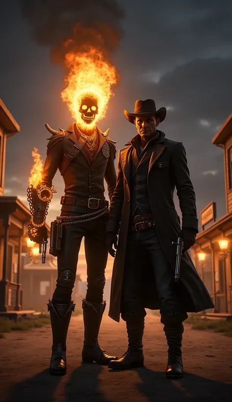 Prompt: "Ghost Rider and Arthur Morgan from Red Dead Redemption 2 stand side by side, looking forward with intense determination in the center of an old cowboy town. Ghost Rider’s fiery skull burns brightly, illuminating the night, with his flaming chain c...