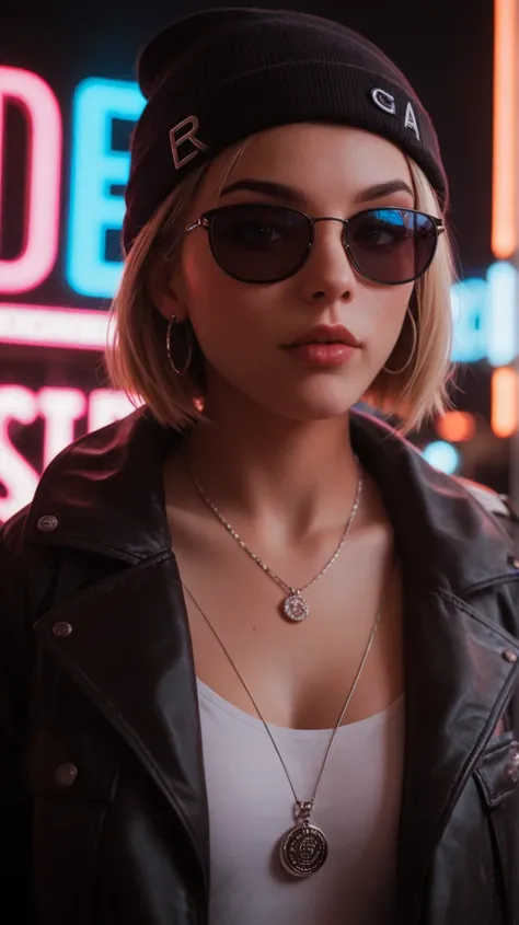 Face close up, alternative girl, watching over black sunglasses, jacket, necklace, neon light reflections on skin, ear ring, makeup, skin imperfection, short hair, beanie, neon lights background, low light, depth of field, highly detailed, high contrast, f...