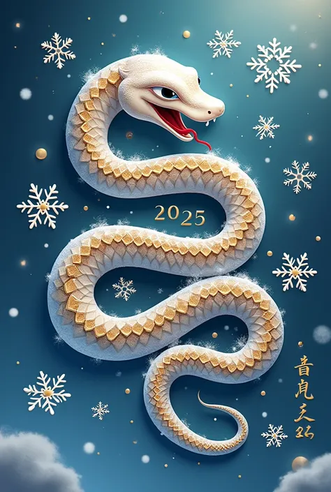 Vinyl sign for ice factory on the occasion of Happy New Year 2025, related to the Year of the Little Snake. Please make it gorgeous and don’t scary in theme snowflakes 