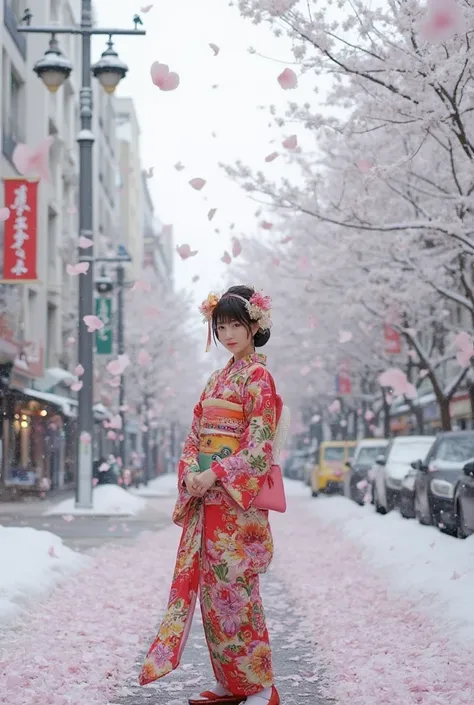 Contemporary Art, artwork, The theme is  "Petal rain",  Various petals falling like rain , Snow-covered city,  Japanese woman in a kimono ,  Petals falling on a woman ,  beautiful composition , fantasy,  The colors of the kimono and petals are extremely br...