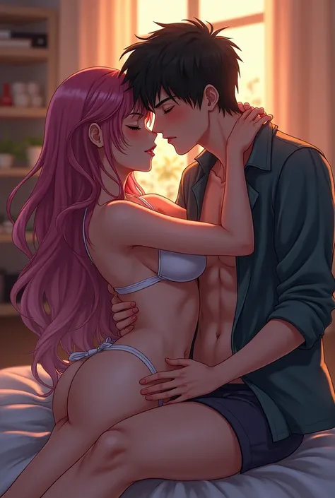 A hot anime girl kissing a boy make them almost naked