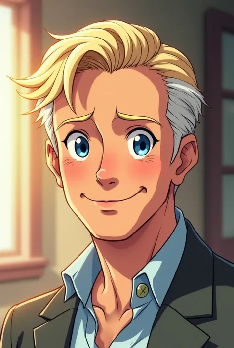 He is an older man, Blue-eyed blonde , ANIME VERSION but attractive he is like a family man