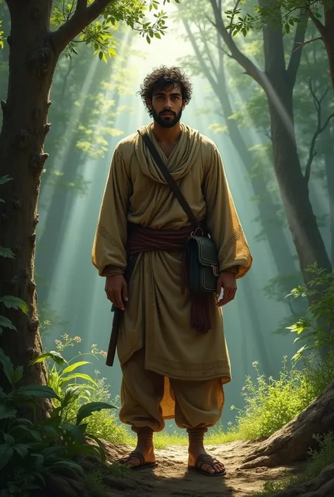 Bilal, the second brother, stands at the edge of a forest clearing, facing the dense woods ahead. His dusty brown tunic and trousers match those of his brothers, practical and simple, yet slightly more tattered from wear. His posture is relaxed but alert, ...