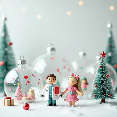 7 transparent Christmas balls with Christmas decor and Doctor dolls and nurse dolls and Christmas tree, Leave space in the left to place text