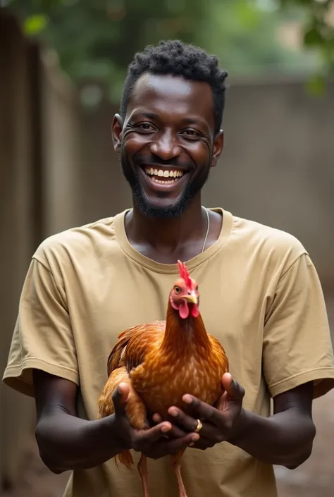 Un homme africain souriant et  tenant un poulet