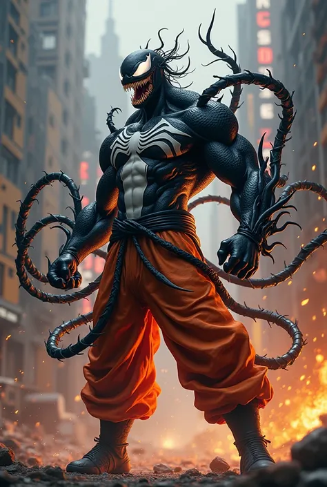 Here’s a detailed prompt for a fusion of Venom and Goku, designed for a high-quality, realistic 12k image:

Prompt: "A stunning and intense fusion of Venom and Goku, combining the alien symbiote’s dark, menacing power with the martial arts and energy abili...