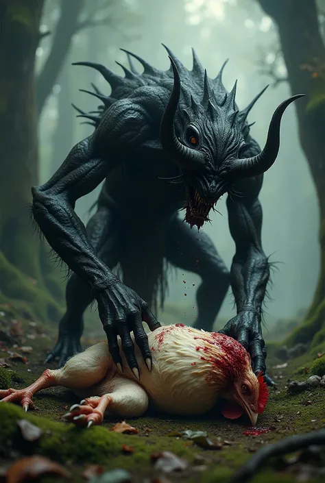 A black demon kills a dead chicken in the middle of the forest