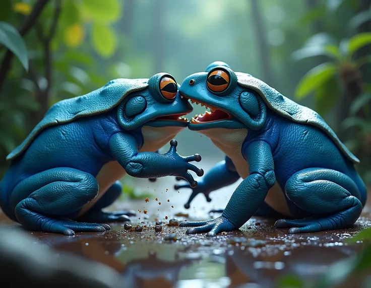 blue frogs fighting 