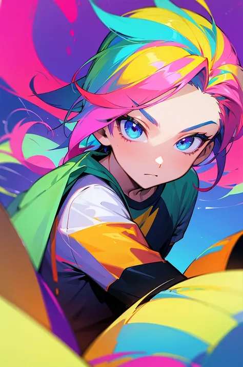 Young Teen, male, Tshirt Colorful Hair, Colorful eyes, School Background.