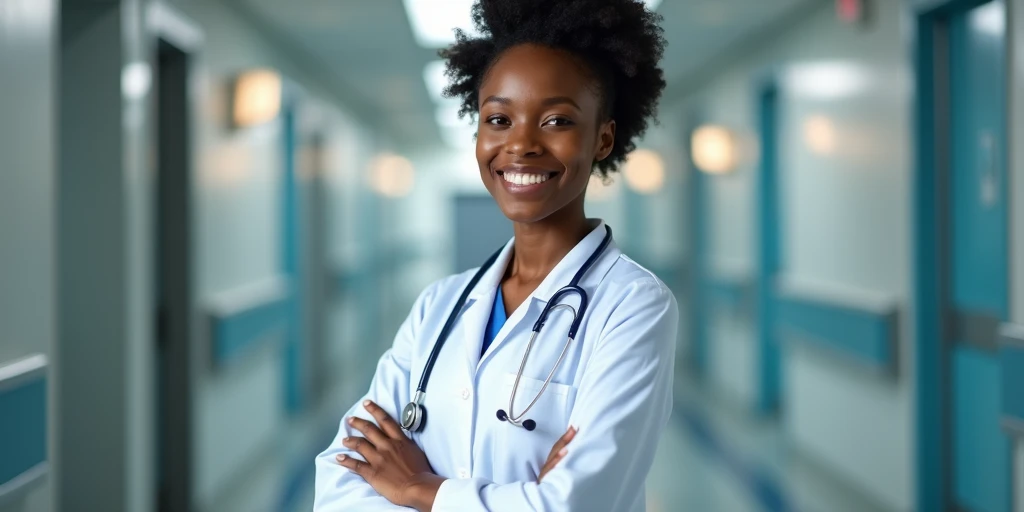 A young African woman arms crossed of fair complexion wearing a stethoscope around her neck smiling in a hospital corridor with a blurred background