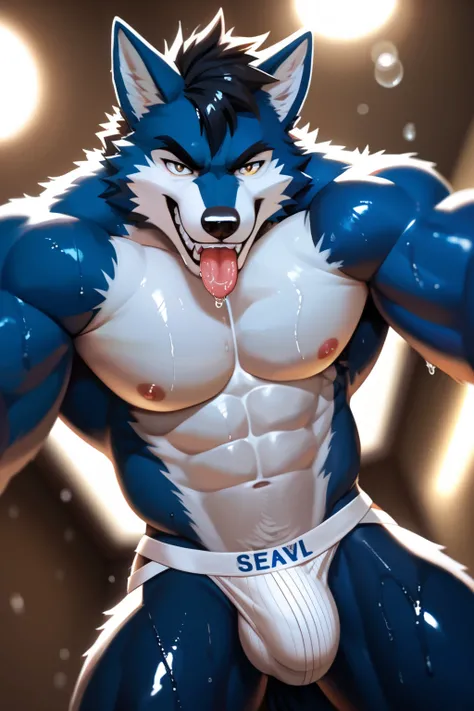 Anthropomorphic male furry wolf, blue fur skin, white fur skin, slender body, shiny muscles, charming, showings off, abs, pecs, (looking at viewer, correct eyes), POV from under character, gritting teeth, Solo, High Resolution, Short Hair, Black Hair, Anim...