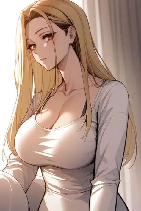 score_9, score_8_superior, score_7_superior, hi、he, brown eyes, blonde, multicolored hair, long hair,round neck ,white tight t-s...