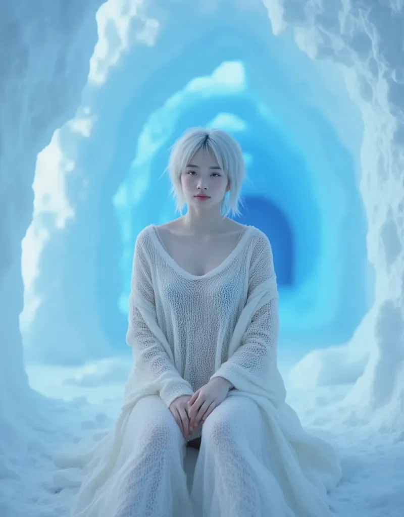 full body portrait of woman sitting on frozen white ground, delicate detailed masterpiece photo taken in photo studio, fantasy a...