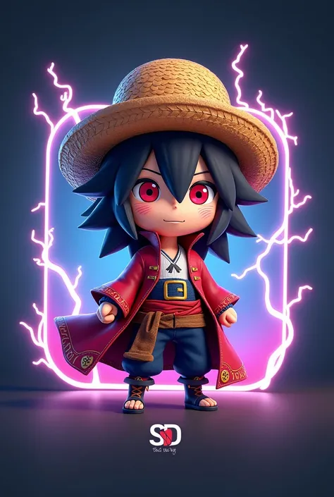 Small size Madara Uchiha 3D game logo with pirate king costume "And a straw hat"  cool with lightning effect inscribed  "sd"OXY  " By Body 