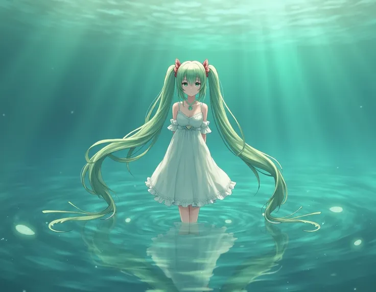 1girl, solo, hair ornament, green hair, twintails, long hair, dress, water